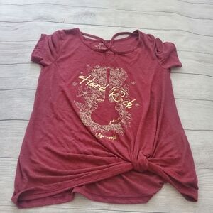 Hard rock Cafe Burgundy Women's Foil Guitar Side Knot Tee Shirt.  Size medium